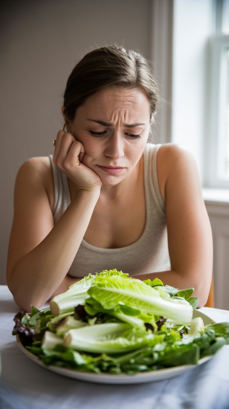 Mulher frustrada olhando para prato de alface murcha e frango seco